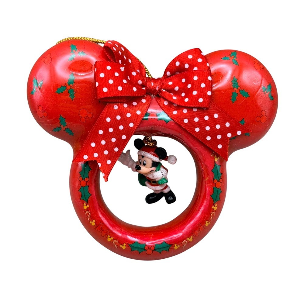 Disney Mickey Mouse Christmas Wreath Ornament Santa Figure Red Resin Bow OS